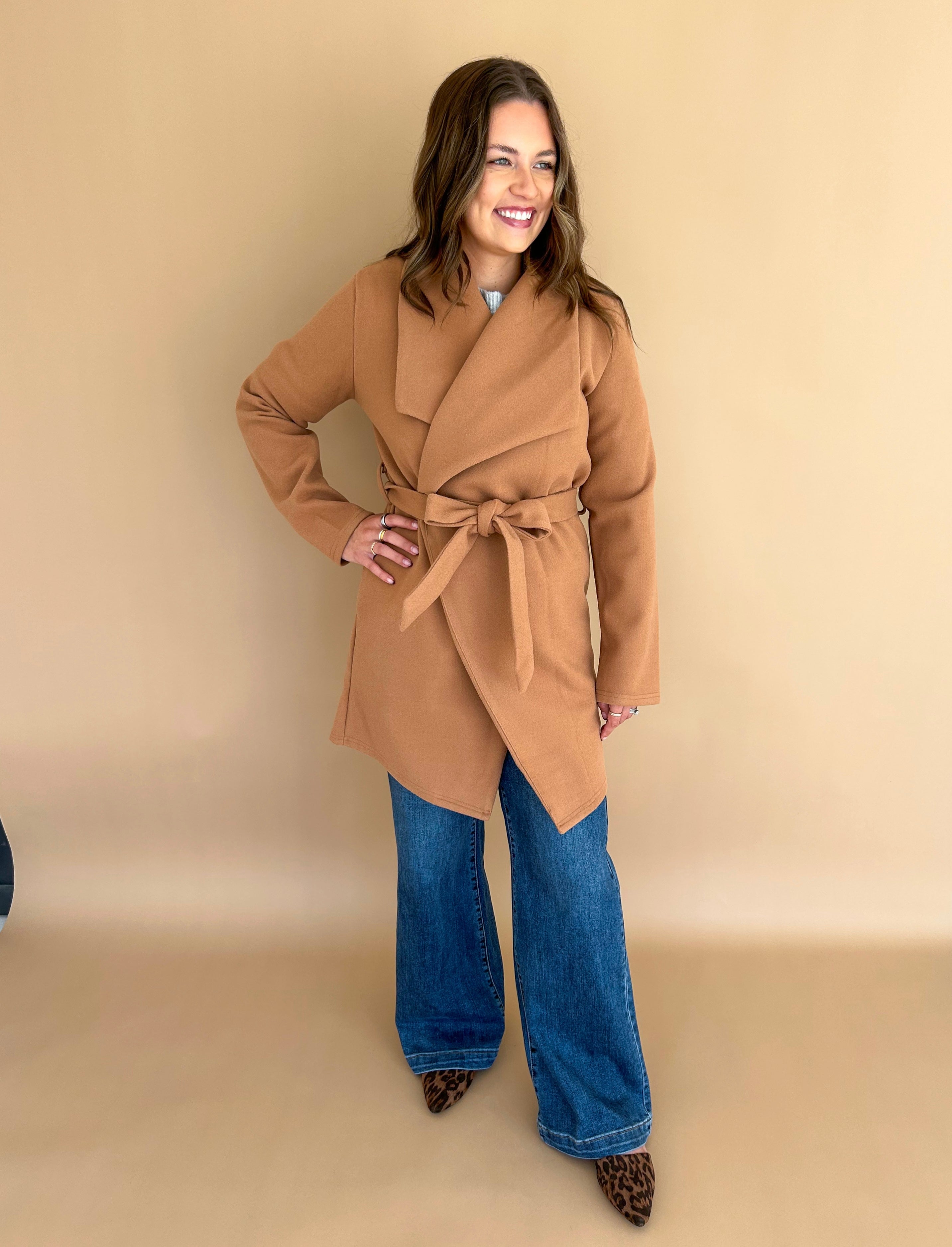 Camel open front coat hotsell