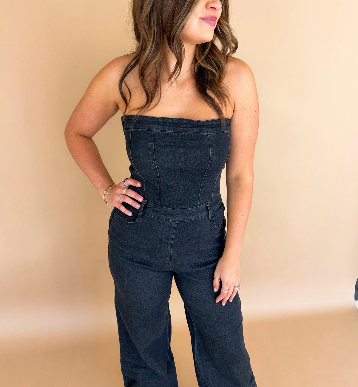 Gina Strapless Stretch Denim Jumpsuit