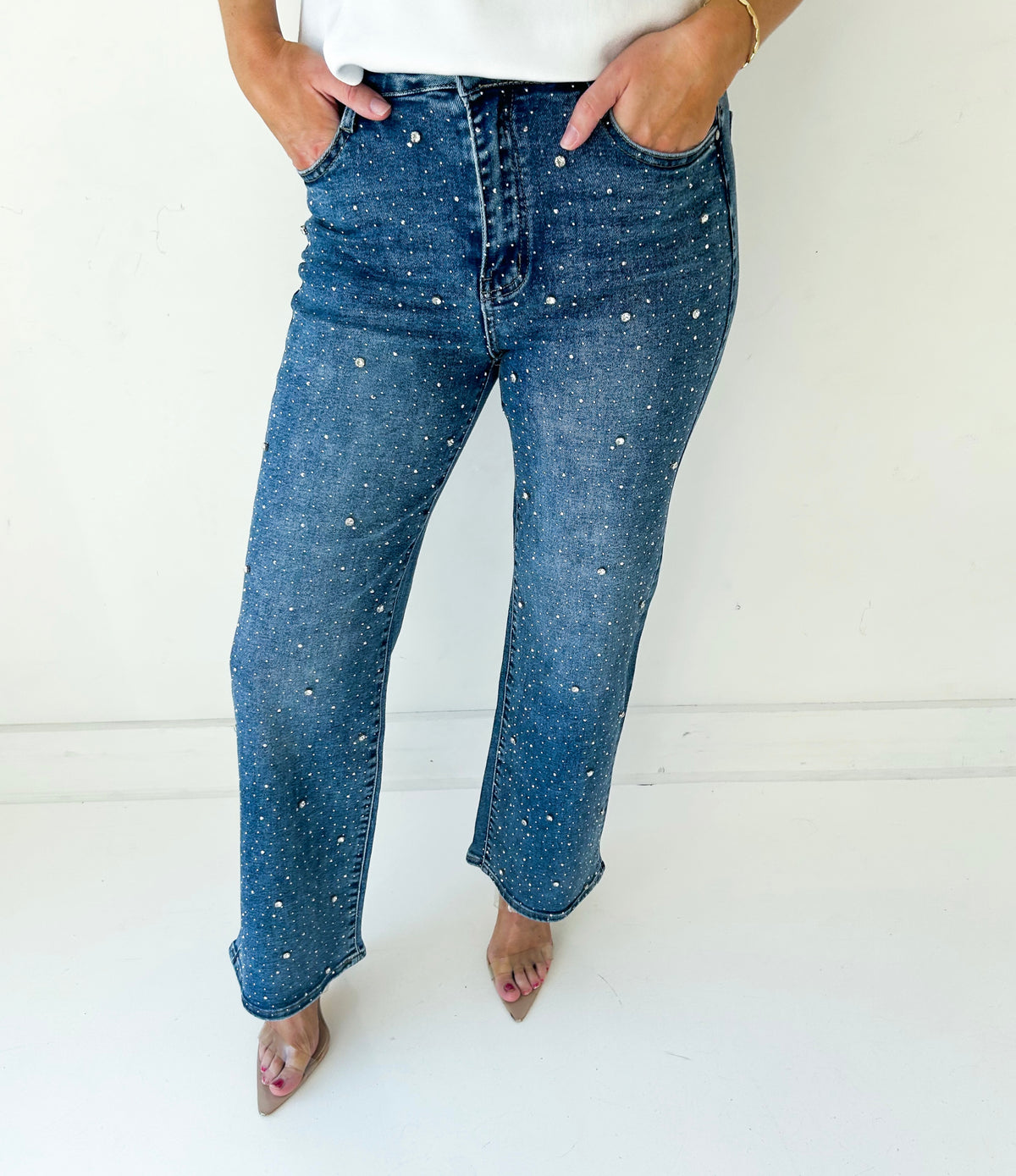 Dazzly Rhinestone Embellished Stretch Denim Jeans