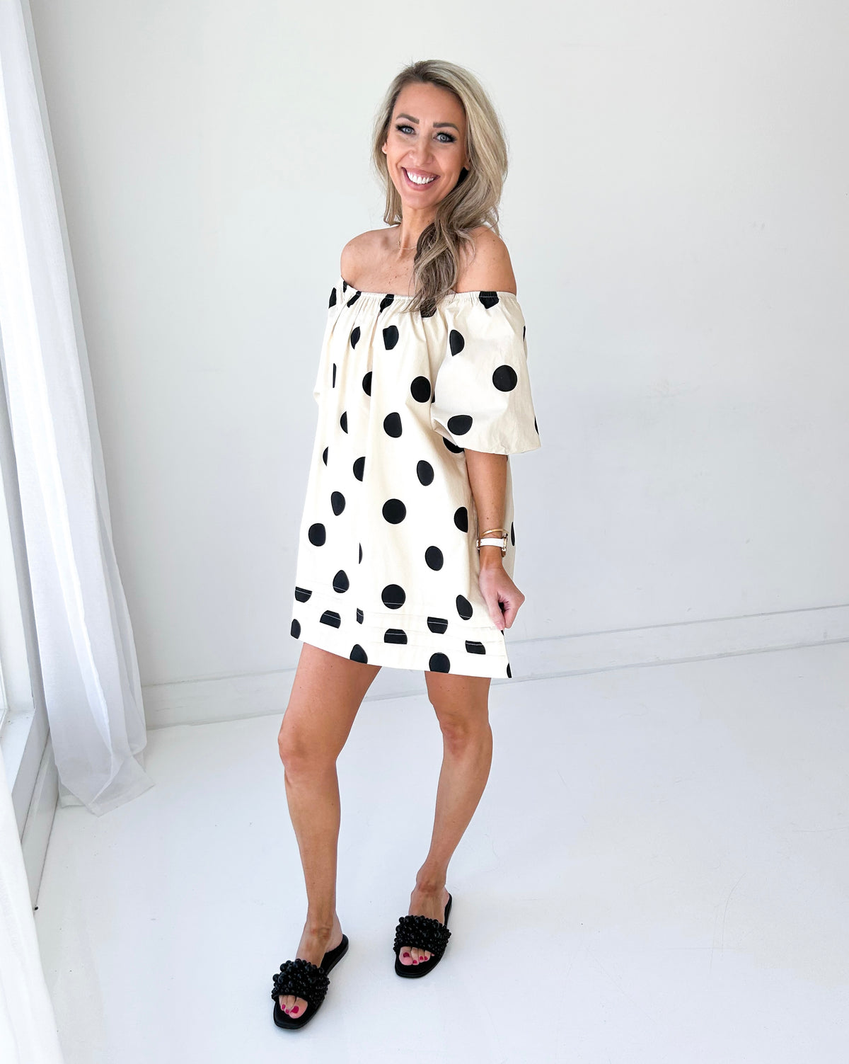 Told You So Off The Shoulder Polka Dot Mini Dress