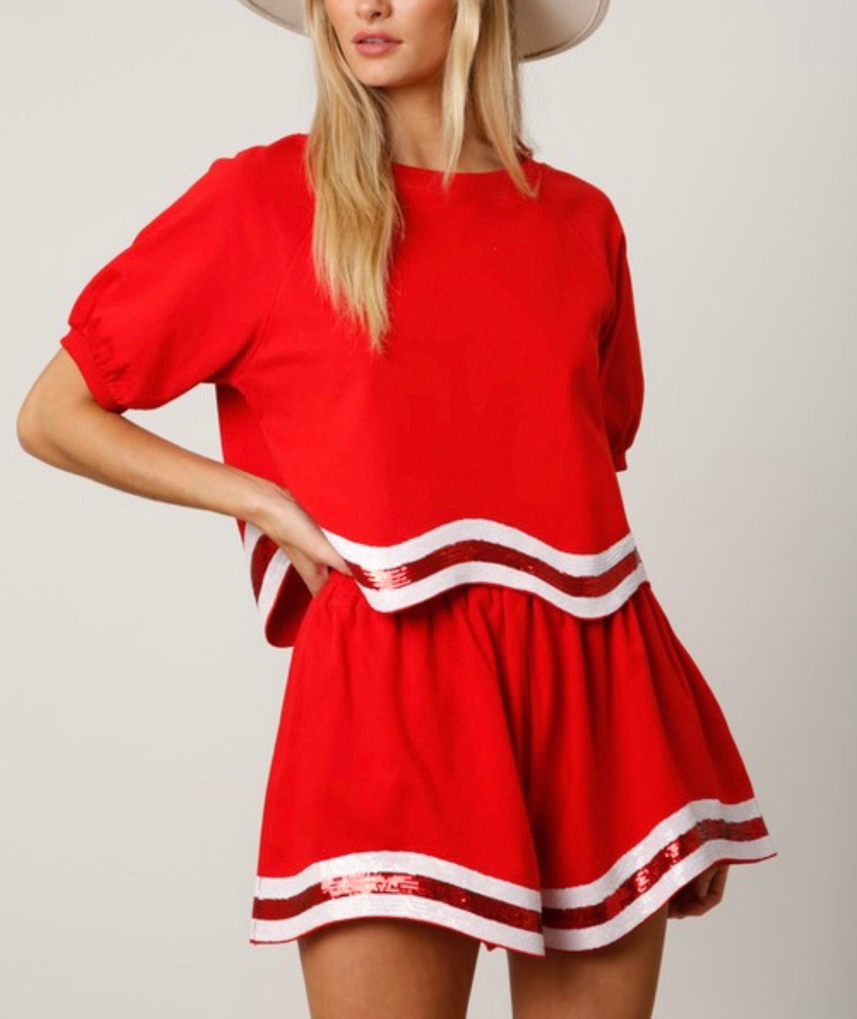 Big Red Sequin Stripe Crop Top / Short Set