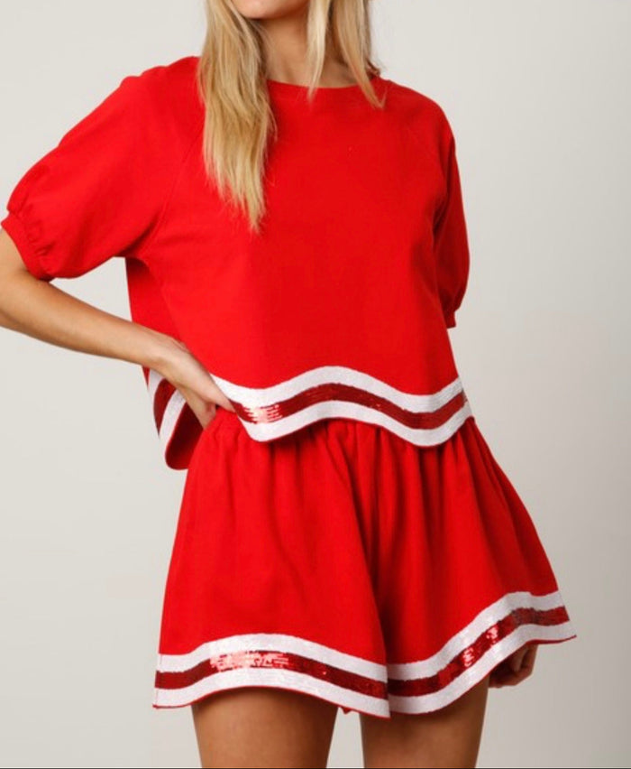 Big Red Sequin Stripe Crop Top / Short Set