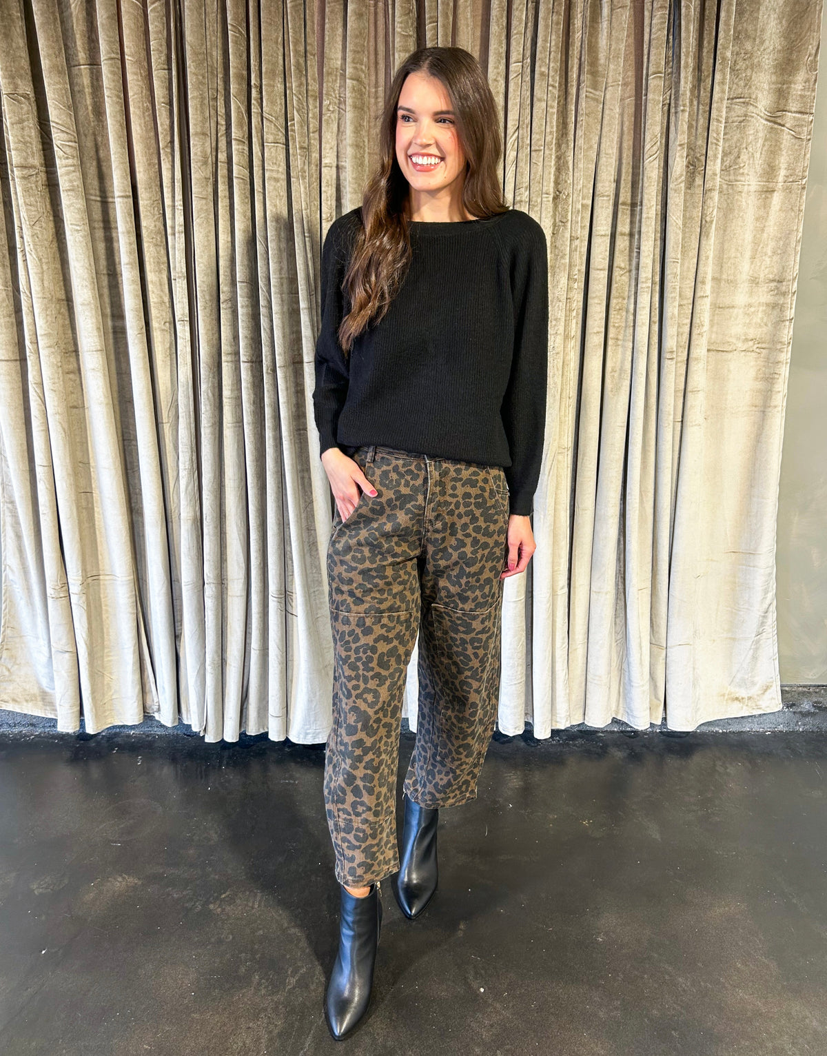 Kolbie Leopard Mid Rise Crop Barrel Denim Jean