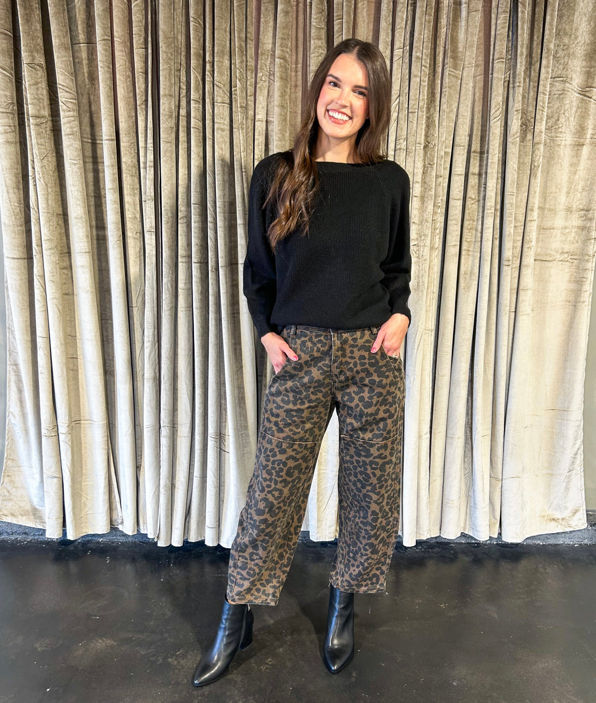 Kolbie Leopard Mid Rise Crop Barrel Denim Jean