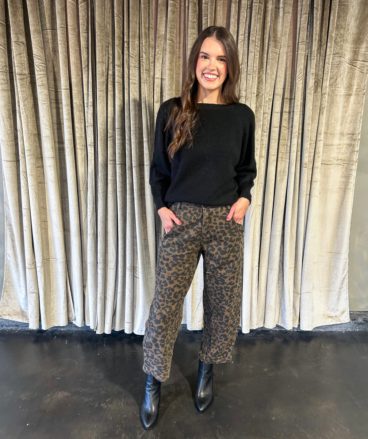 Kolbie Leopard Mid Rise Crop Barrel Denim Jean