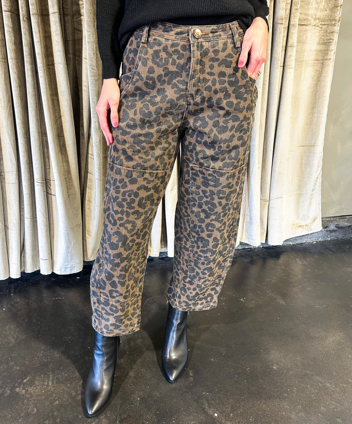 Kolbie Leopard Mid Rise Crop Barrel Denim Jean