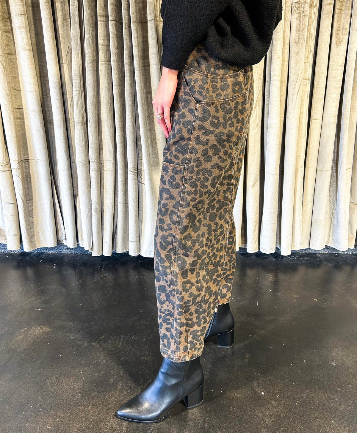 Kolbie Leopard Mid Rise Crop Barrel Denim Jean