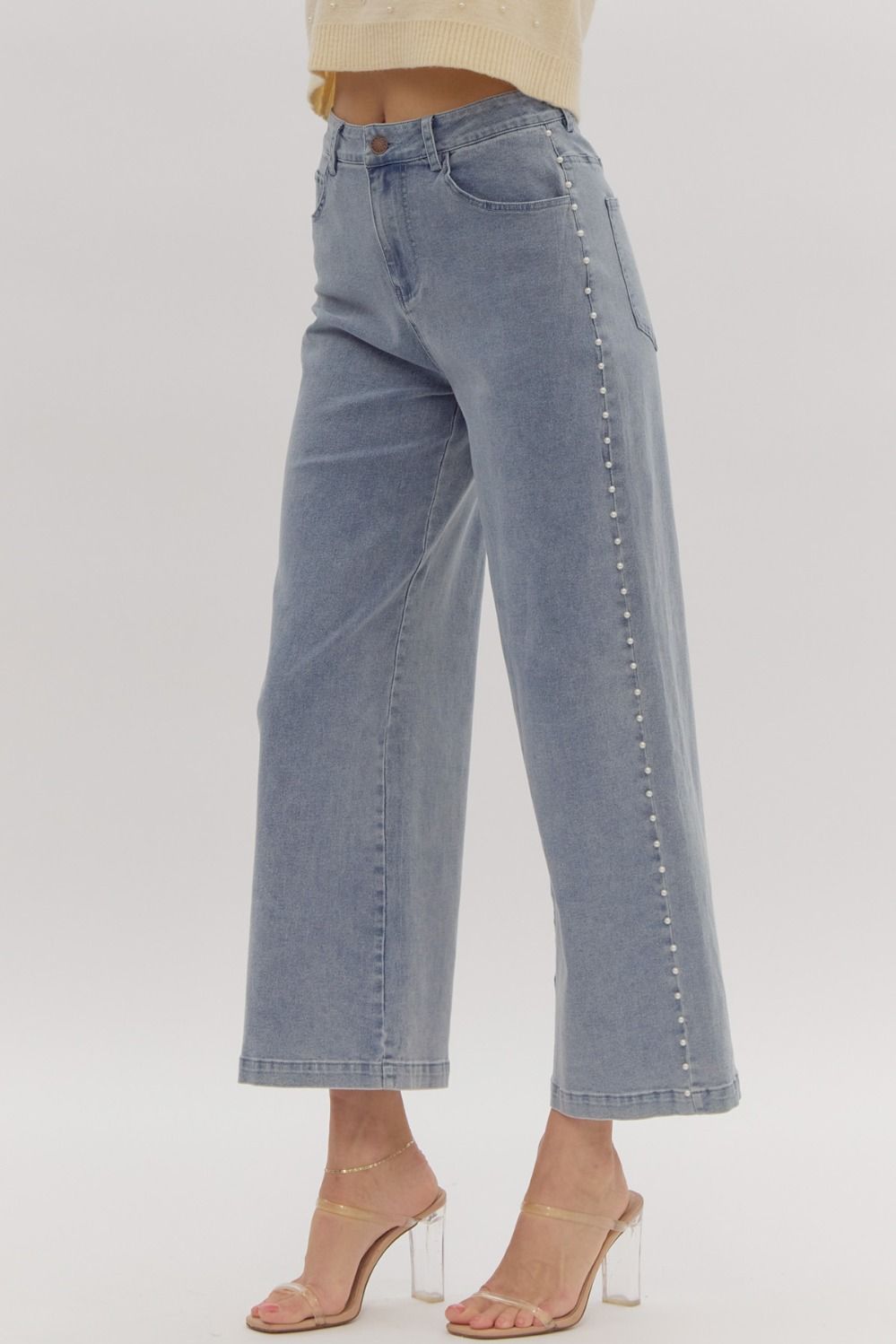 Pearl Embellished Cropped Wide Leg Stretch Denim Jeans