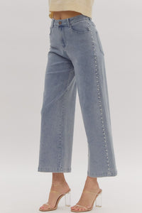 Pearl Embellished Cropped Wide Leg Stretch Denim Jeans