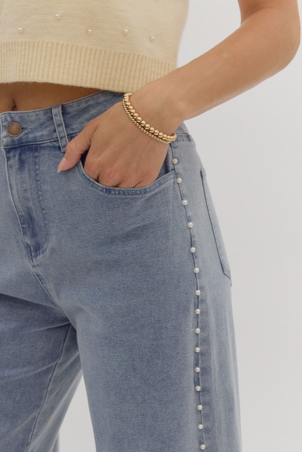 Pearl Embellished Cropped Wide Leg Stretch Denim Jeans