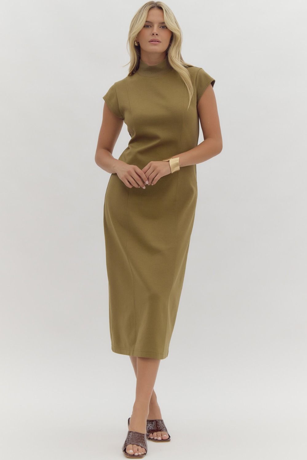 Blair Cap Sleeve Sheath Midi Dress (Olive)