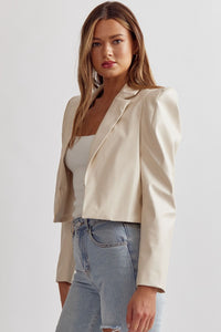 Lexi Pointed Shoulder Faux Leather Cropped Blazer Jacket