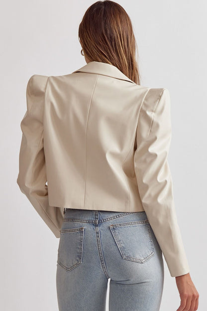 Lexi Pointed Shoulder Faux Leather Cropped Blazer Jacket