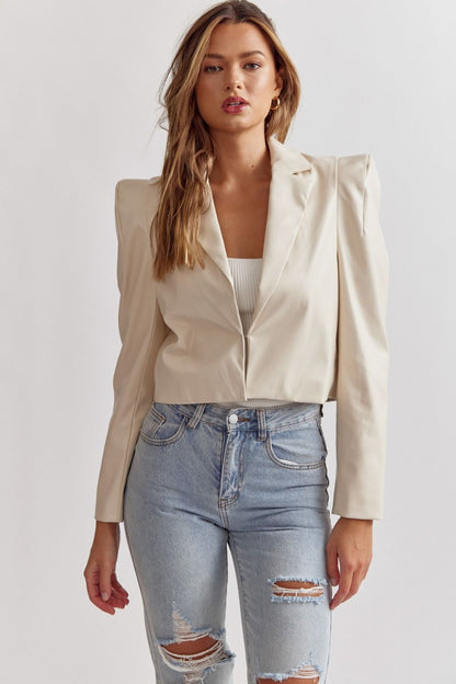 Lexi Pointed Shoulder Faux Leather Cropped Blazer Jacket