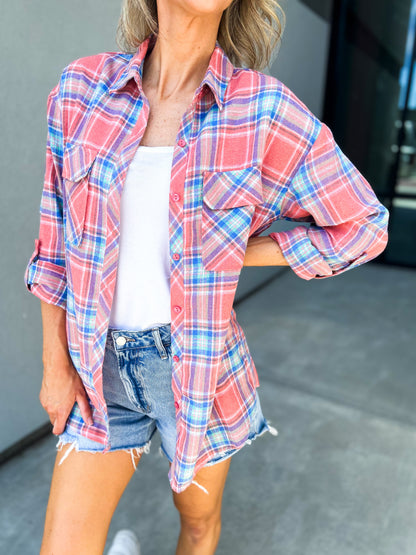 Allery Long Oversized Plaid Flannel Button Up Top (Coral)