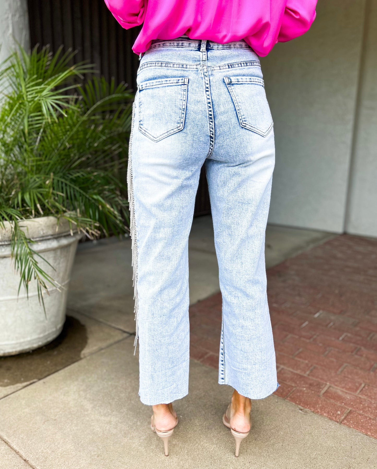 Mazie Cropped Wide Leg Stretch Denim One Sided Rhinestone Fringe