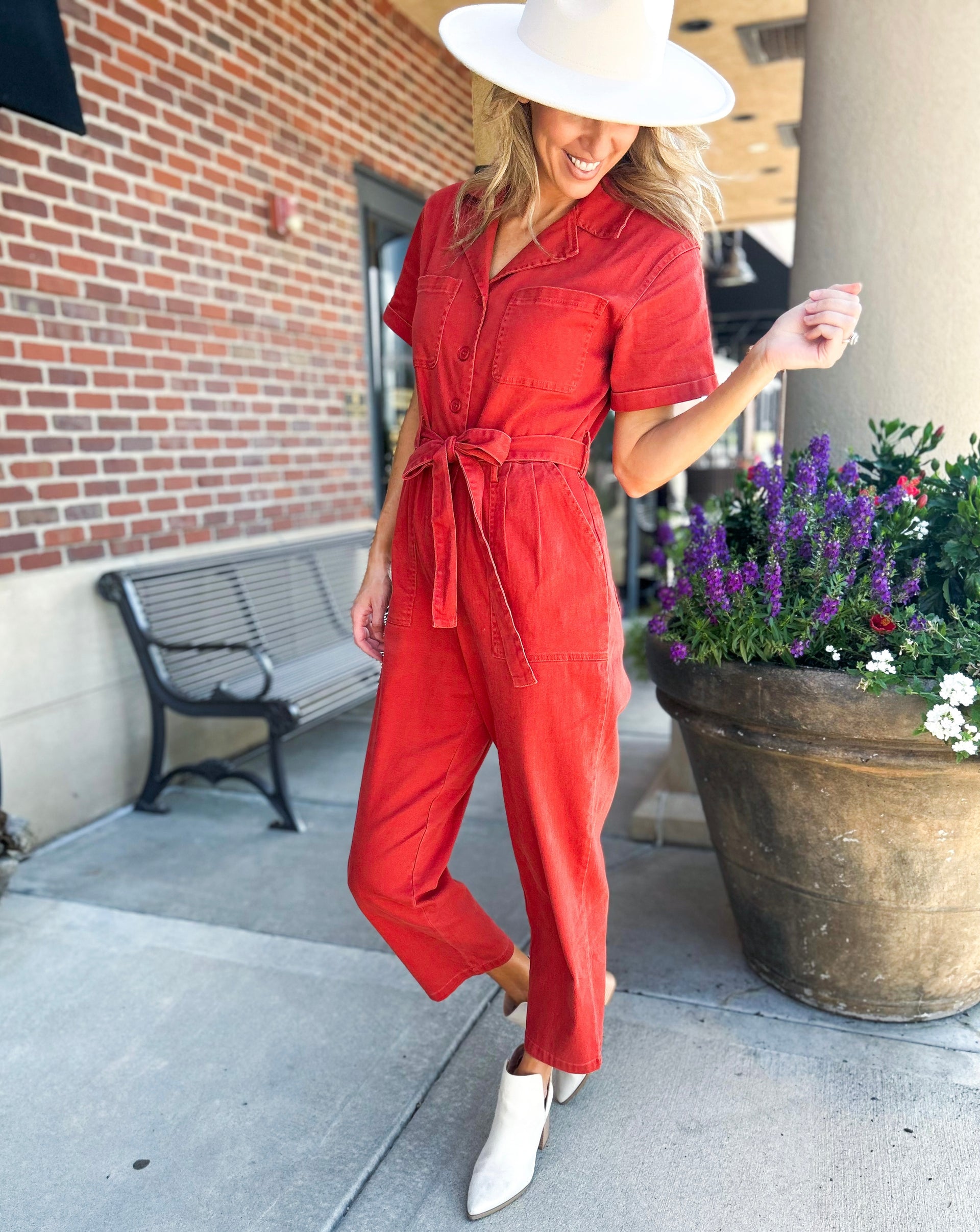 SALE-Falling Into Adventure Utility Jumpsuit - Rust – Simply Dixie Boutique