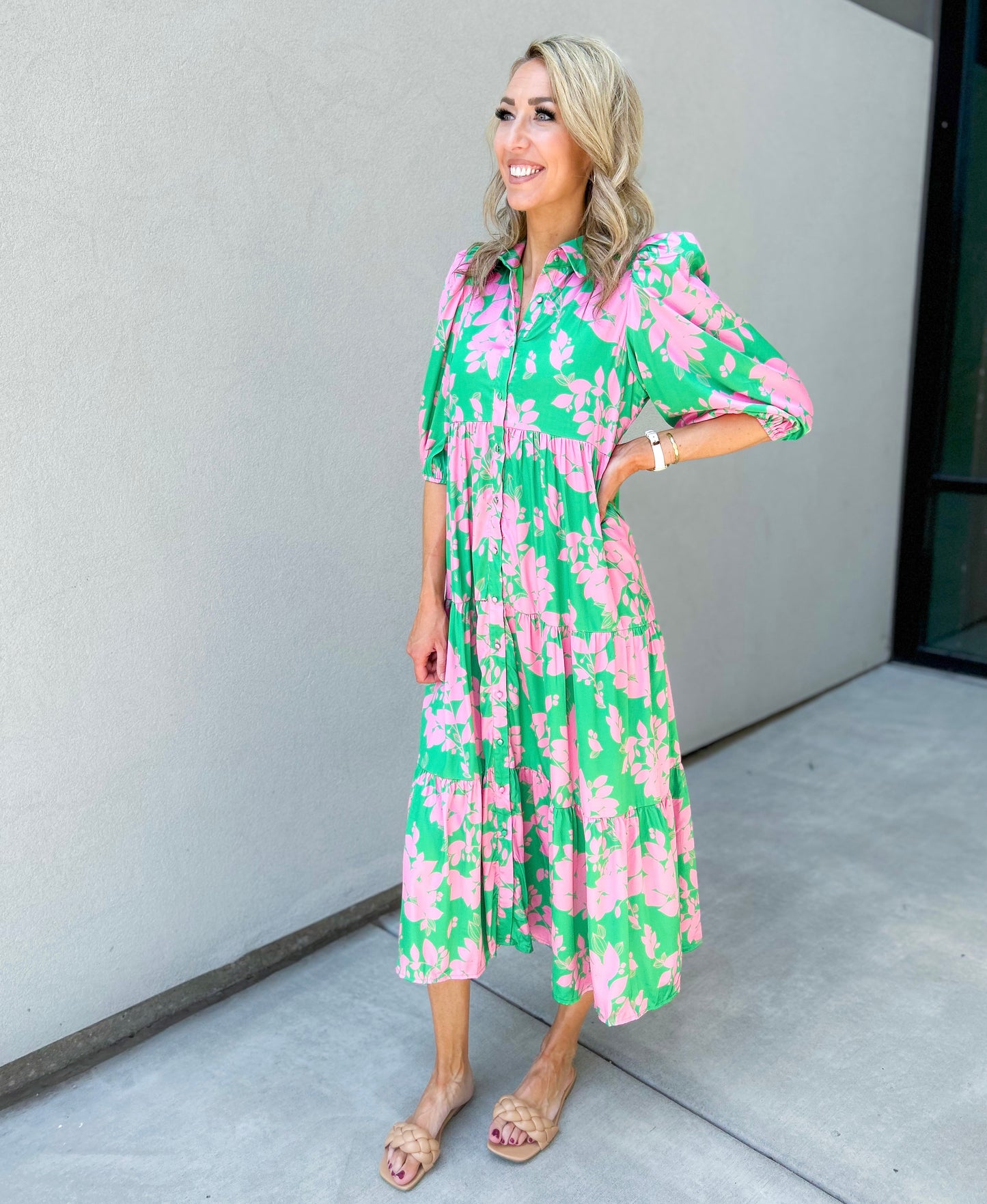 Meara Printed Floral Maxi Dress (Green/Pink)