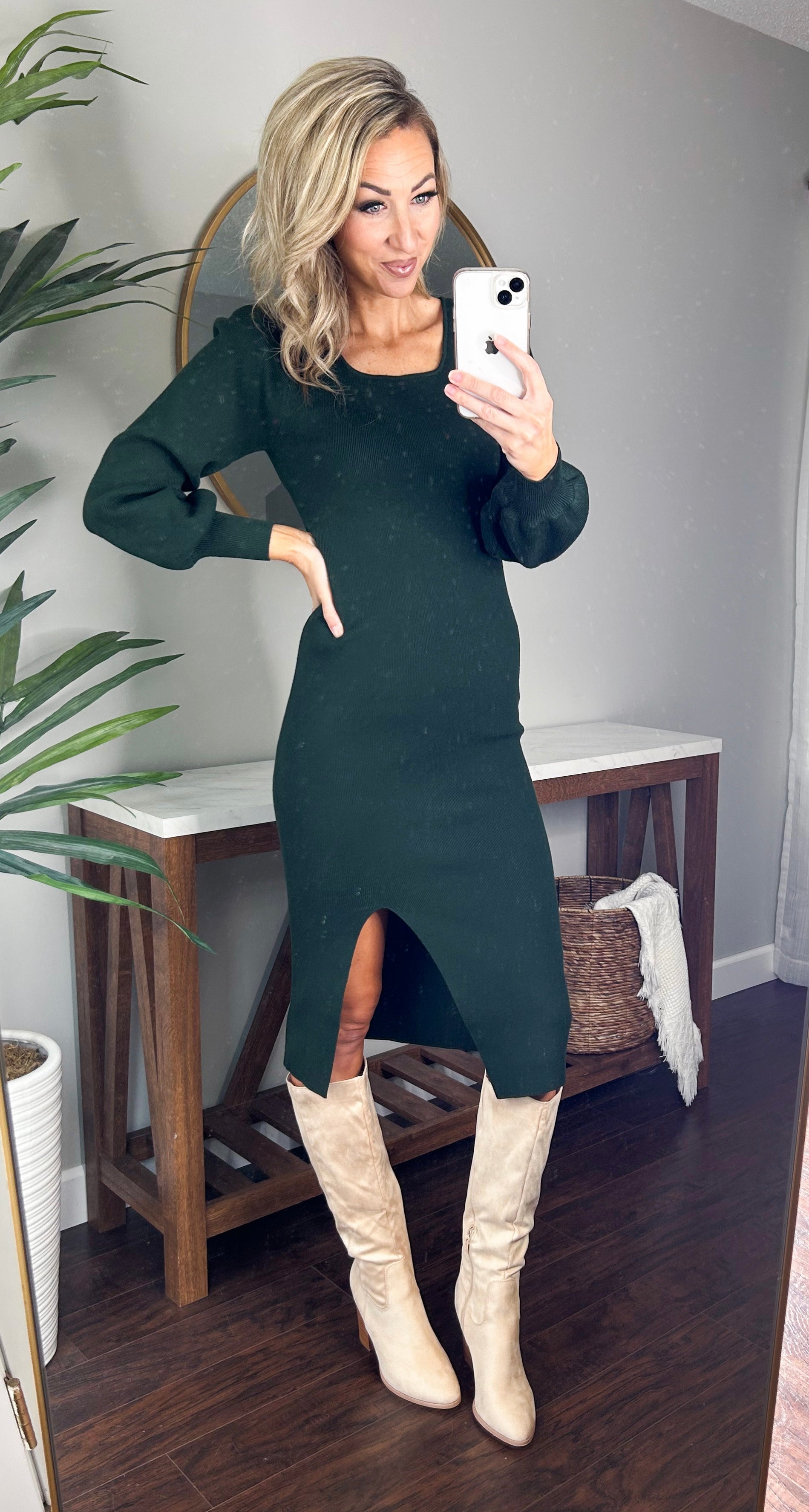 Cambelle Balloon Sleeve Ribbed Sweater Dress