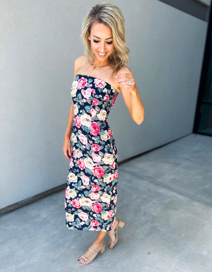 Mable Strapless Floral Midi Dress