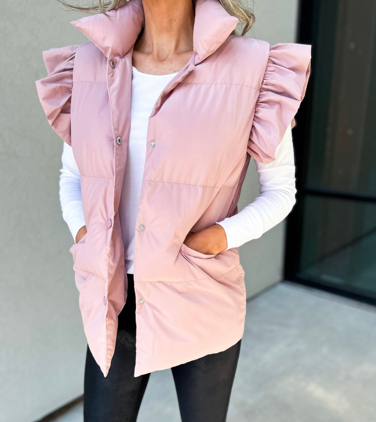 Remi Ruffle Sleeve Oversized Down Vest (Light Mauve)