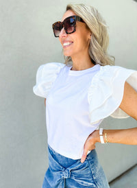 Kaila Flutter Sleeve Cotton Top (White)