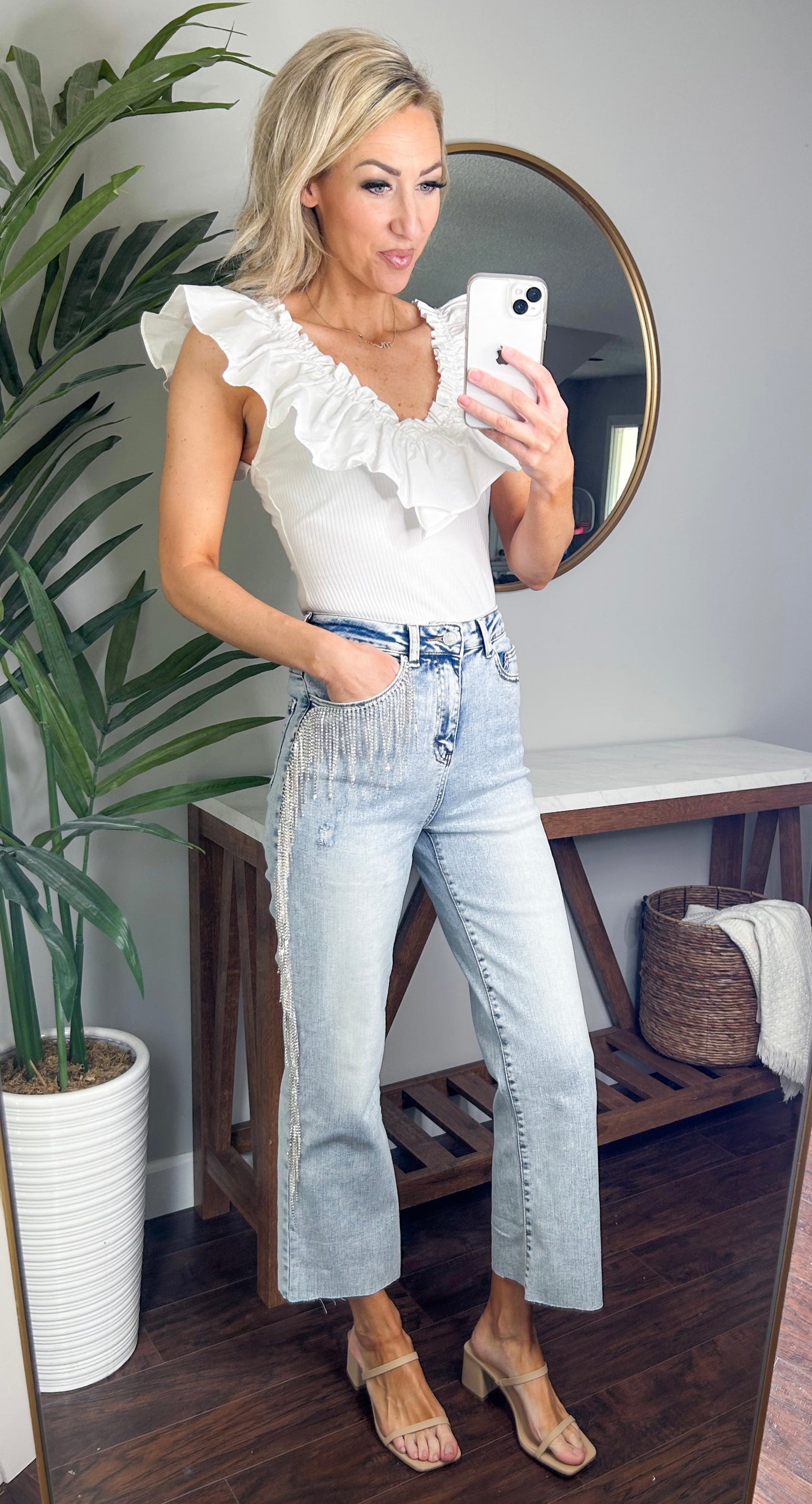 Mazie Cropped Wide Leg Stretch Denim One Sided Rhinestone Fringe