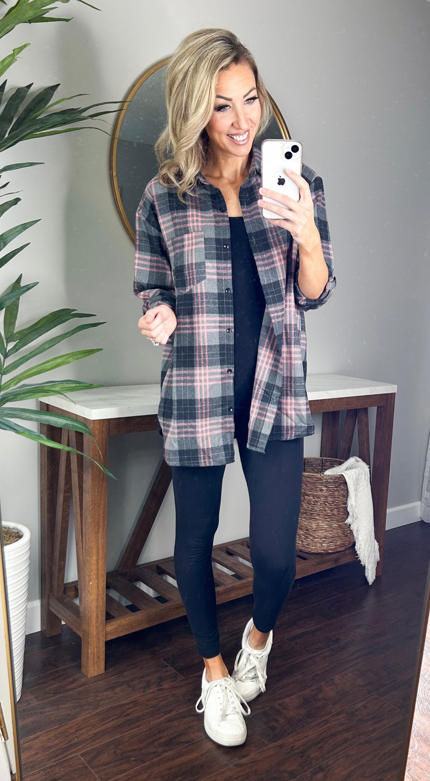 Allery Long Oversized Plaid Flannel Button Up Top (Black)