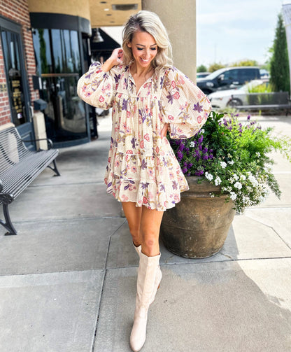 Golden Floral Tiered Mini Dress