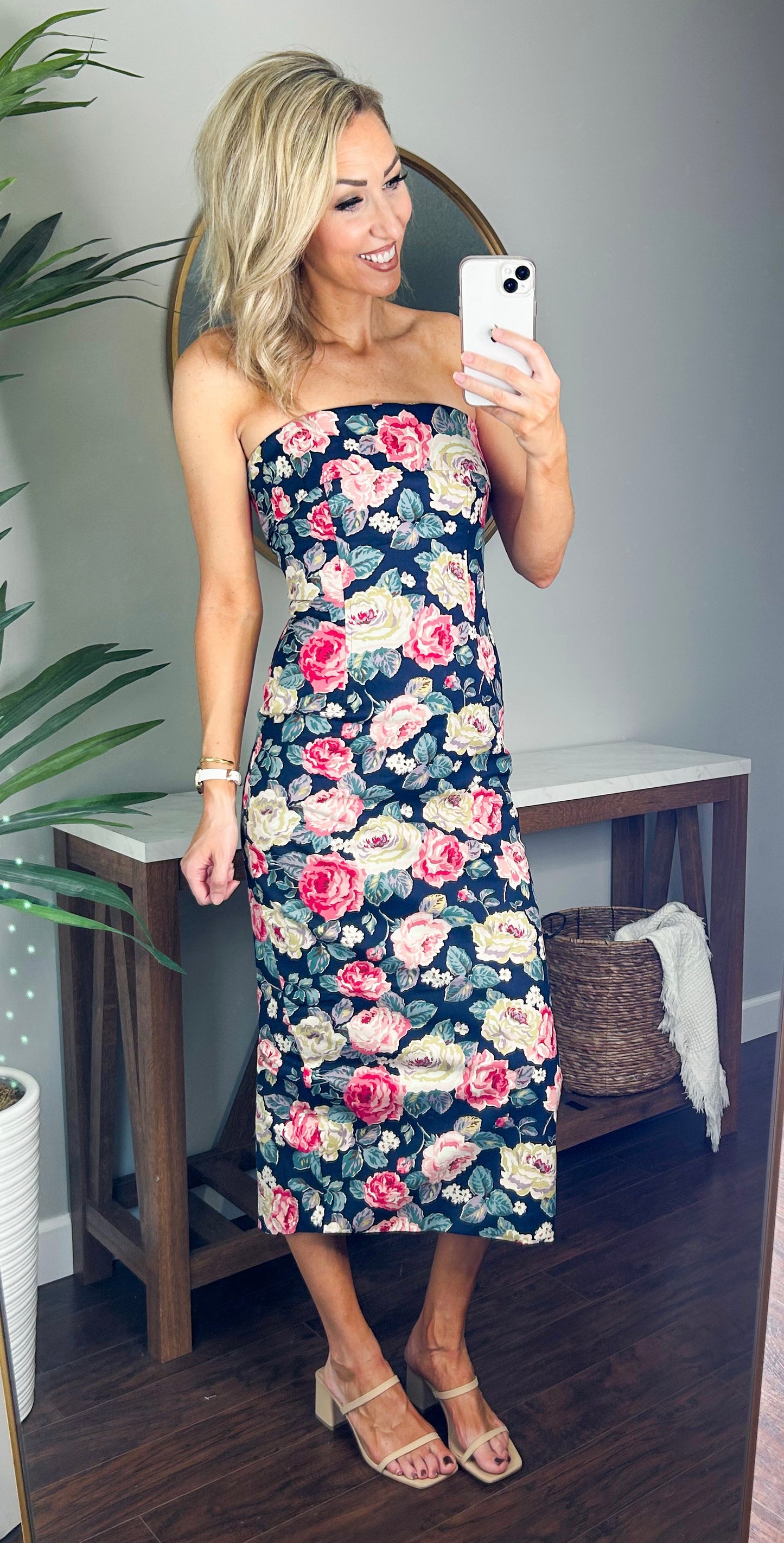 Mable Strapless Floral Midi Dress