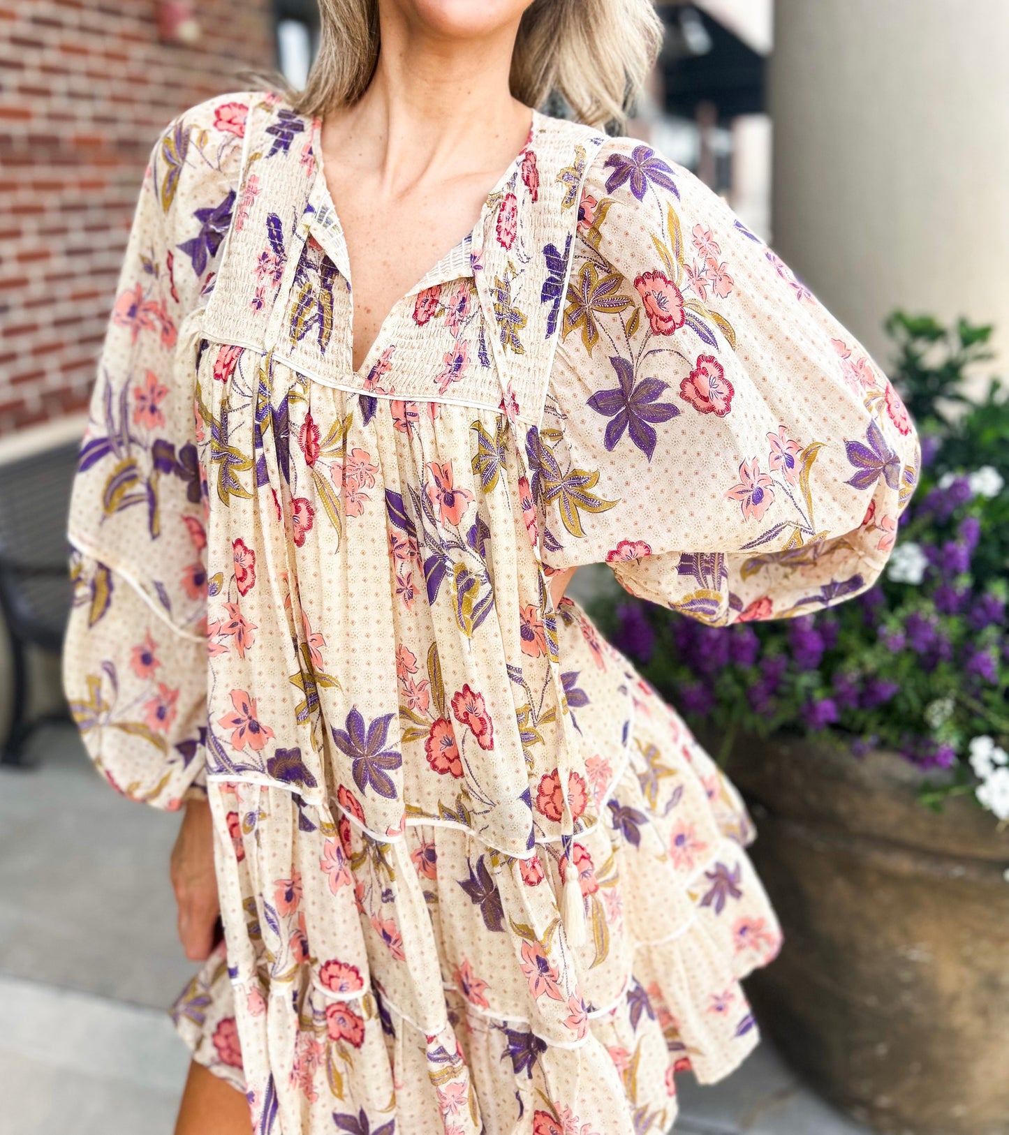 Golden Floral Tiered Dress (Tan)