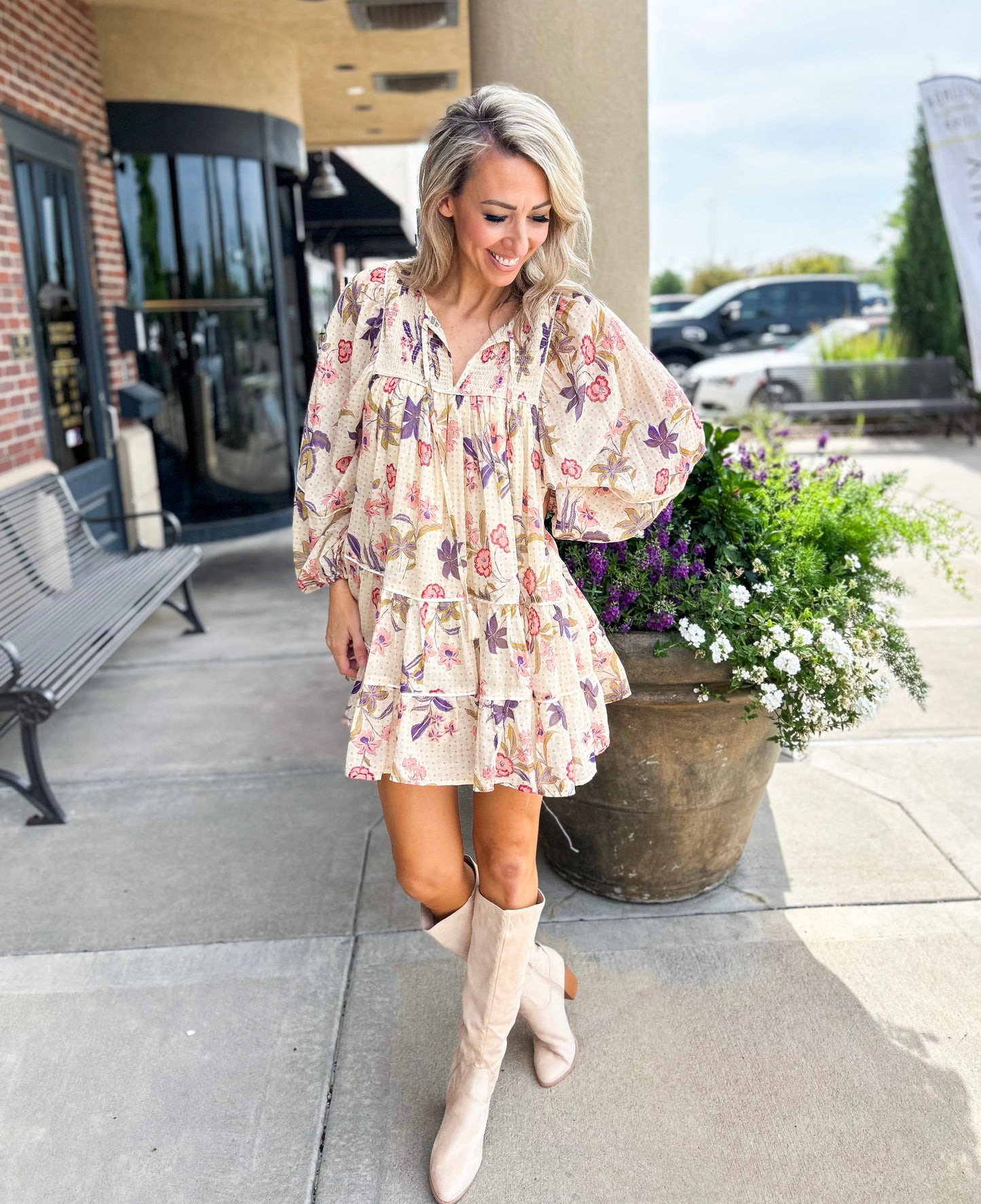 Golden Floral Tiered Dress (Tan)