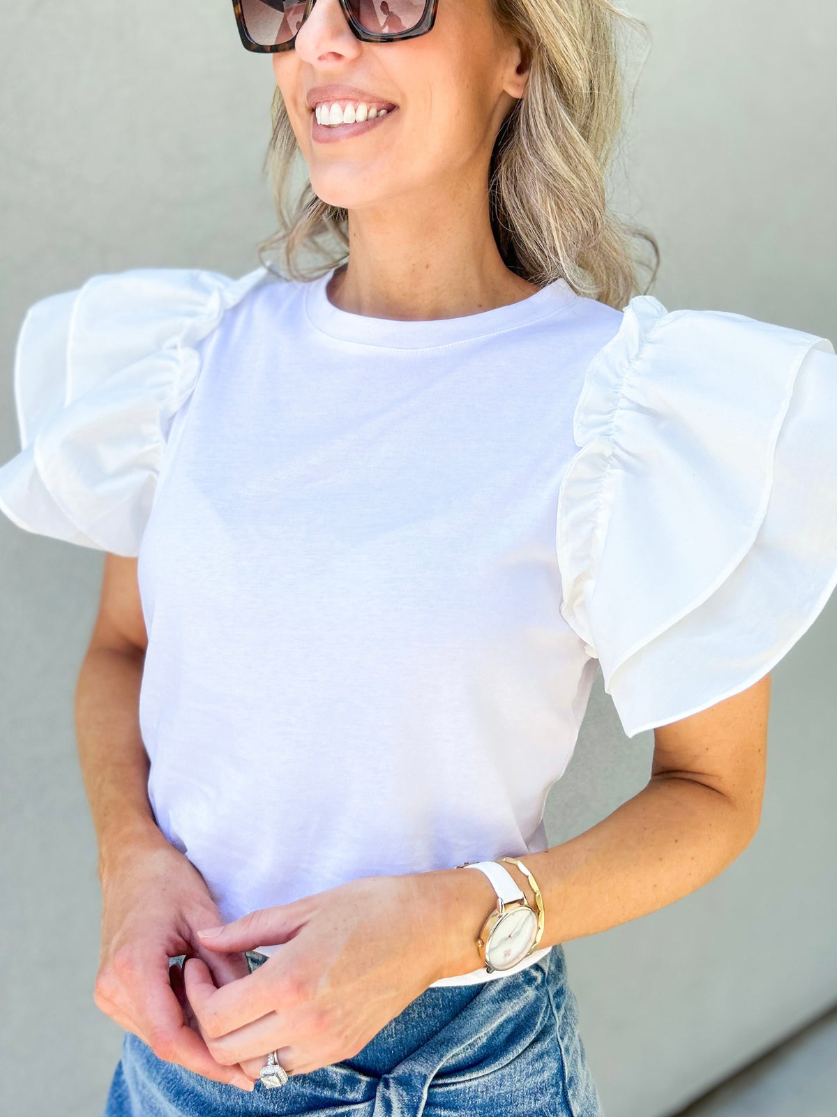 Kaila Flutter Sleeve Cotton Top (White)