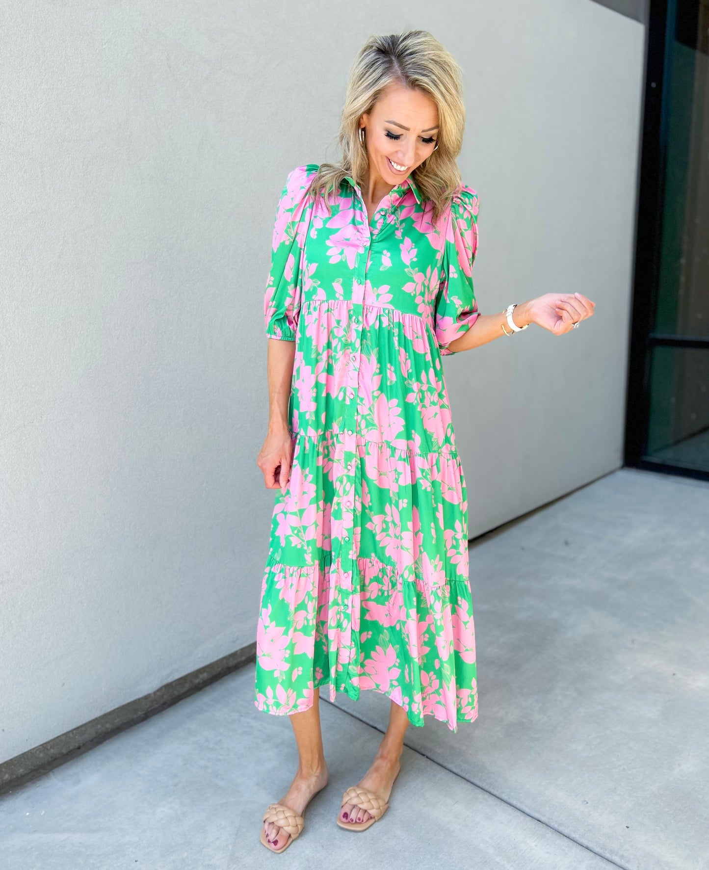 Meara Printed Floral Maxi Dress (Green/Pink)