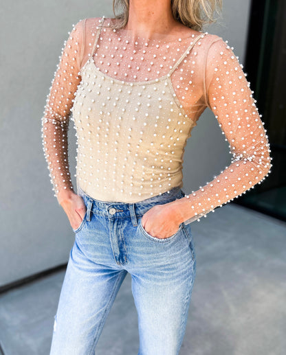 Nicki Rhinestone Pearl Long Sleeve Mesh top
