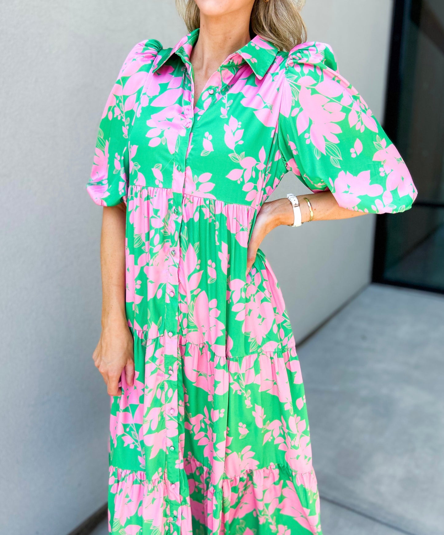 Meara Printed Floral Maxi Dress (Green/Pink)