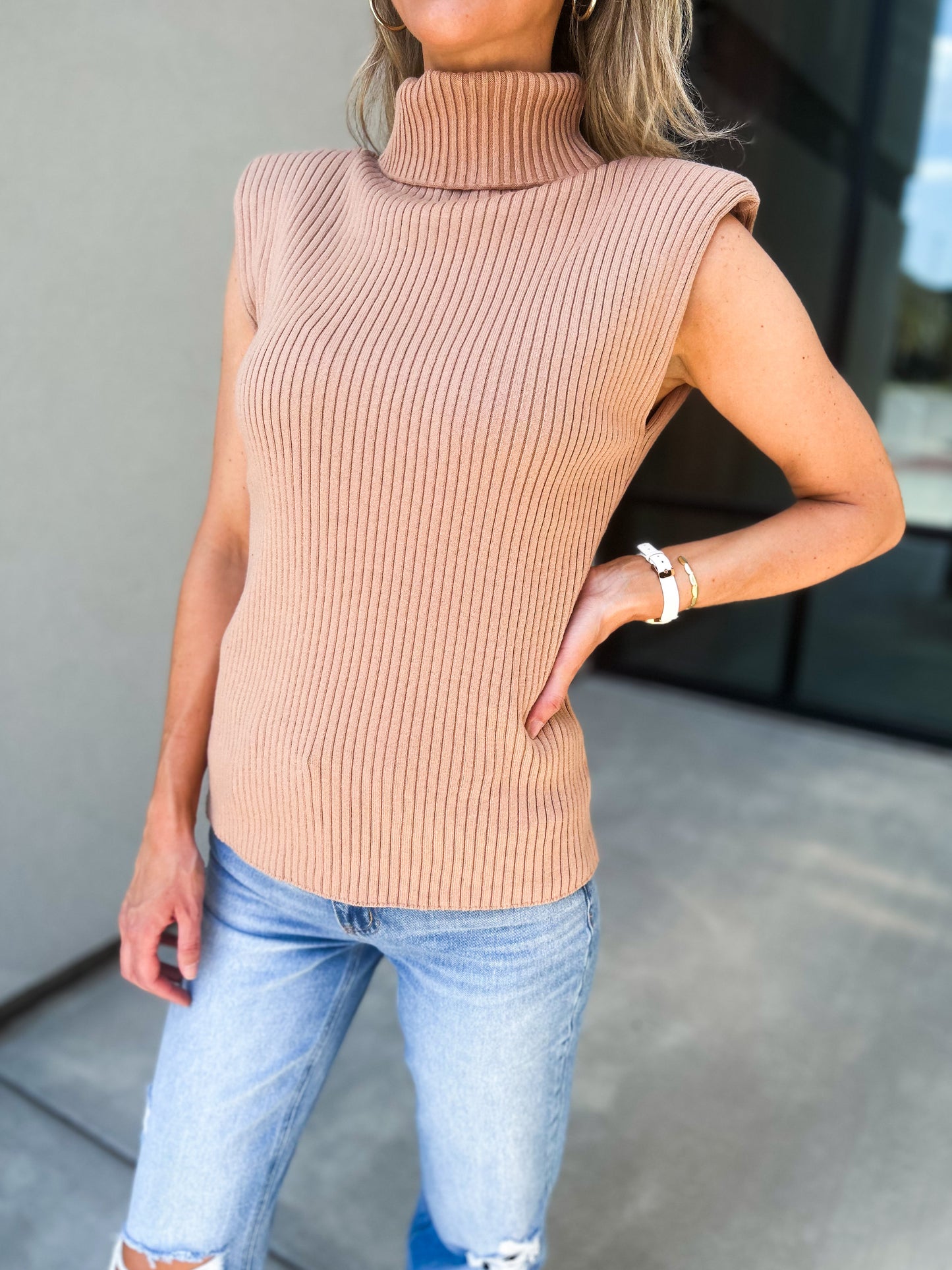 Courtney Shoulder Pad Turtleneck Sleeveless Sweater