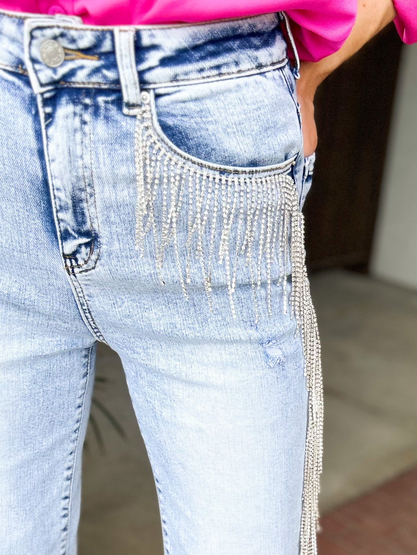 Mazie Cropped Wide Leg Stretch Denim One Sided Rhinestone Fringe