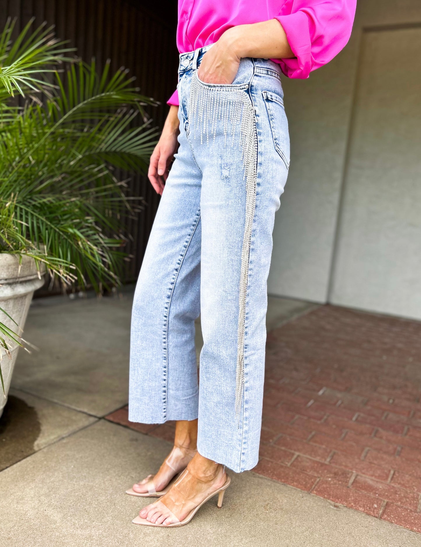 Mazie Cropped Wide Leg Stretch Denim One Sided Rhinestone Fringe