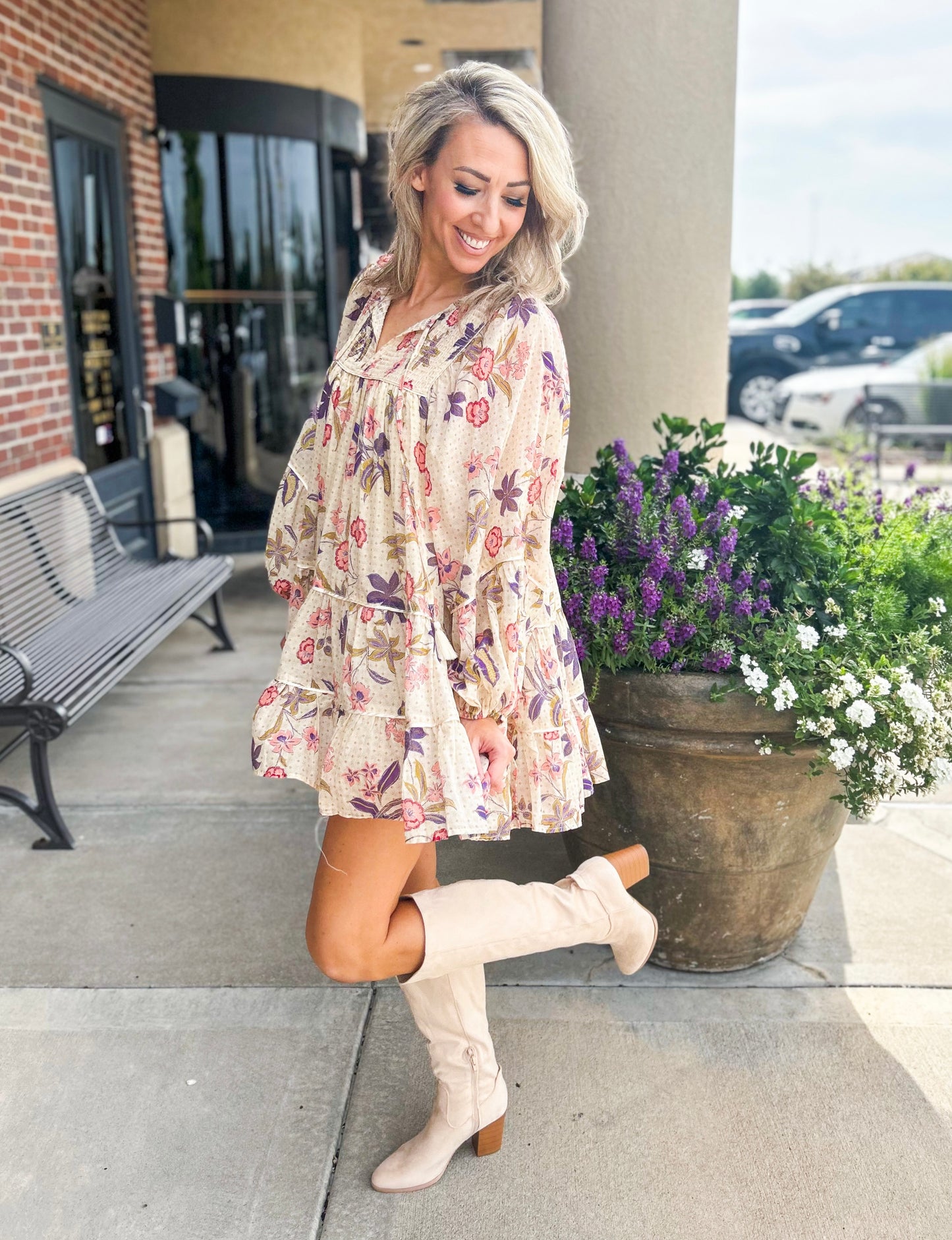 Golden Floral Tiered Dress (Tan)