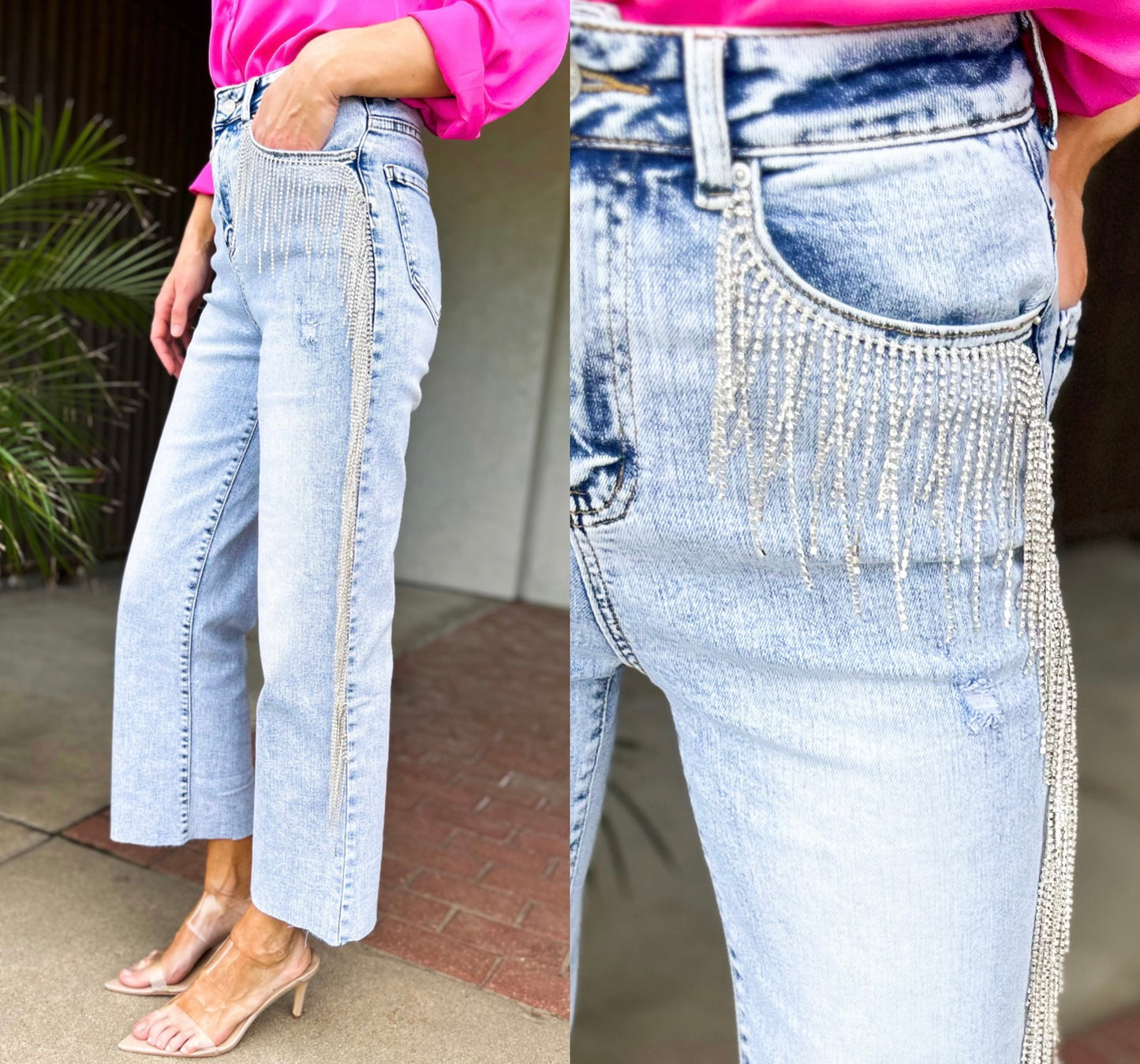 Mazie Cropped Wide Leg Stretch Denim One Sided Rhinestone Fringe