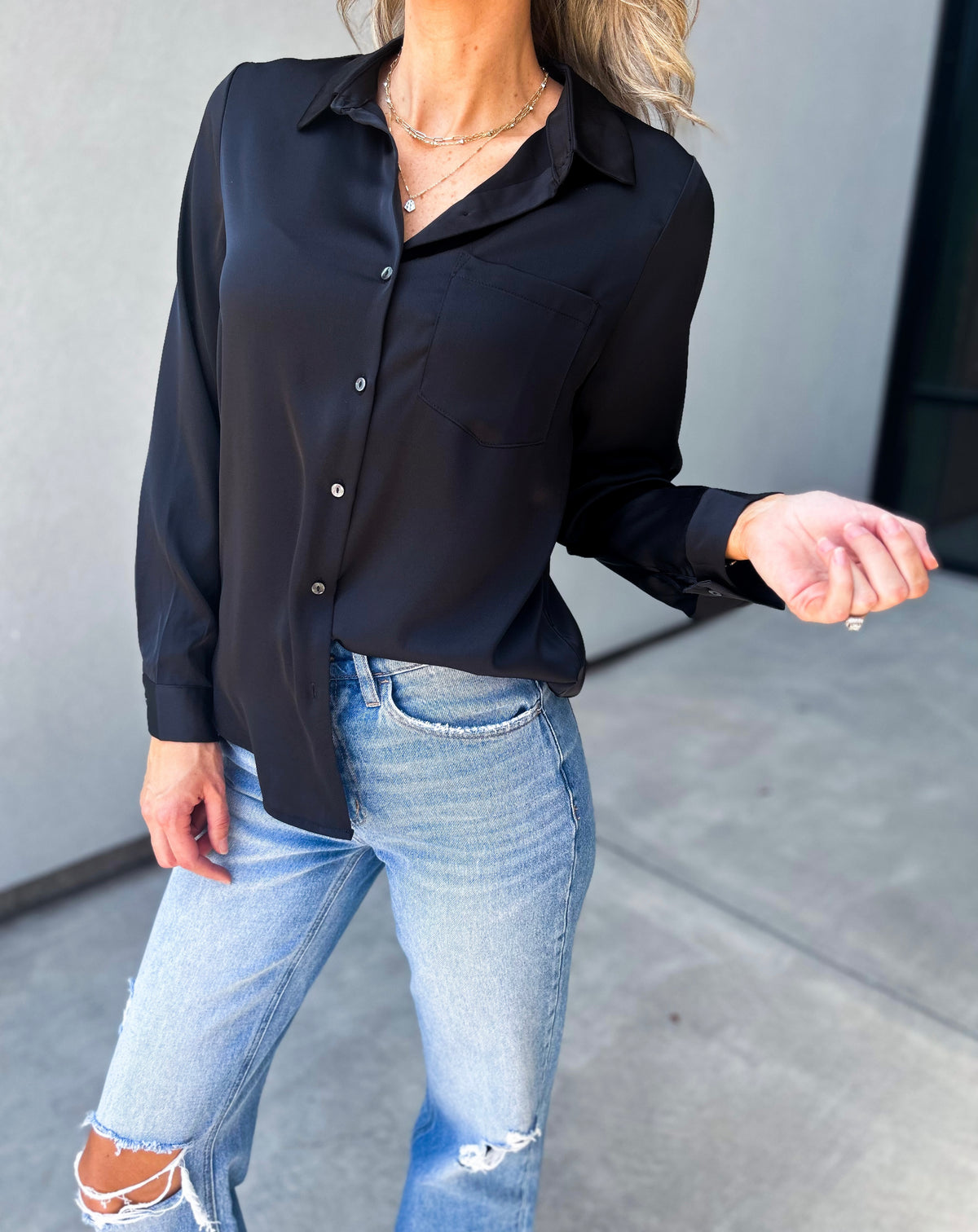 Selena Satin Button Down Top (Black)