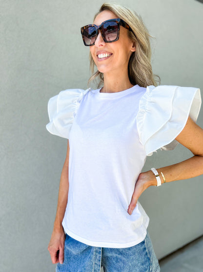 Kaila Flutter Sleeve Cotton Top (White)