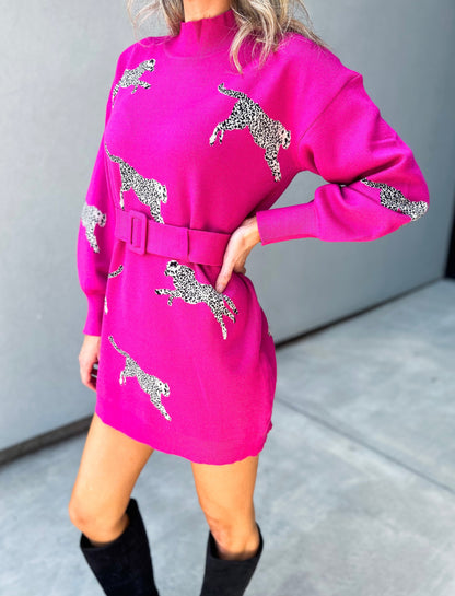 Lydia Leopard Belted Sweater Dress