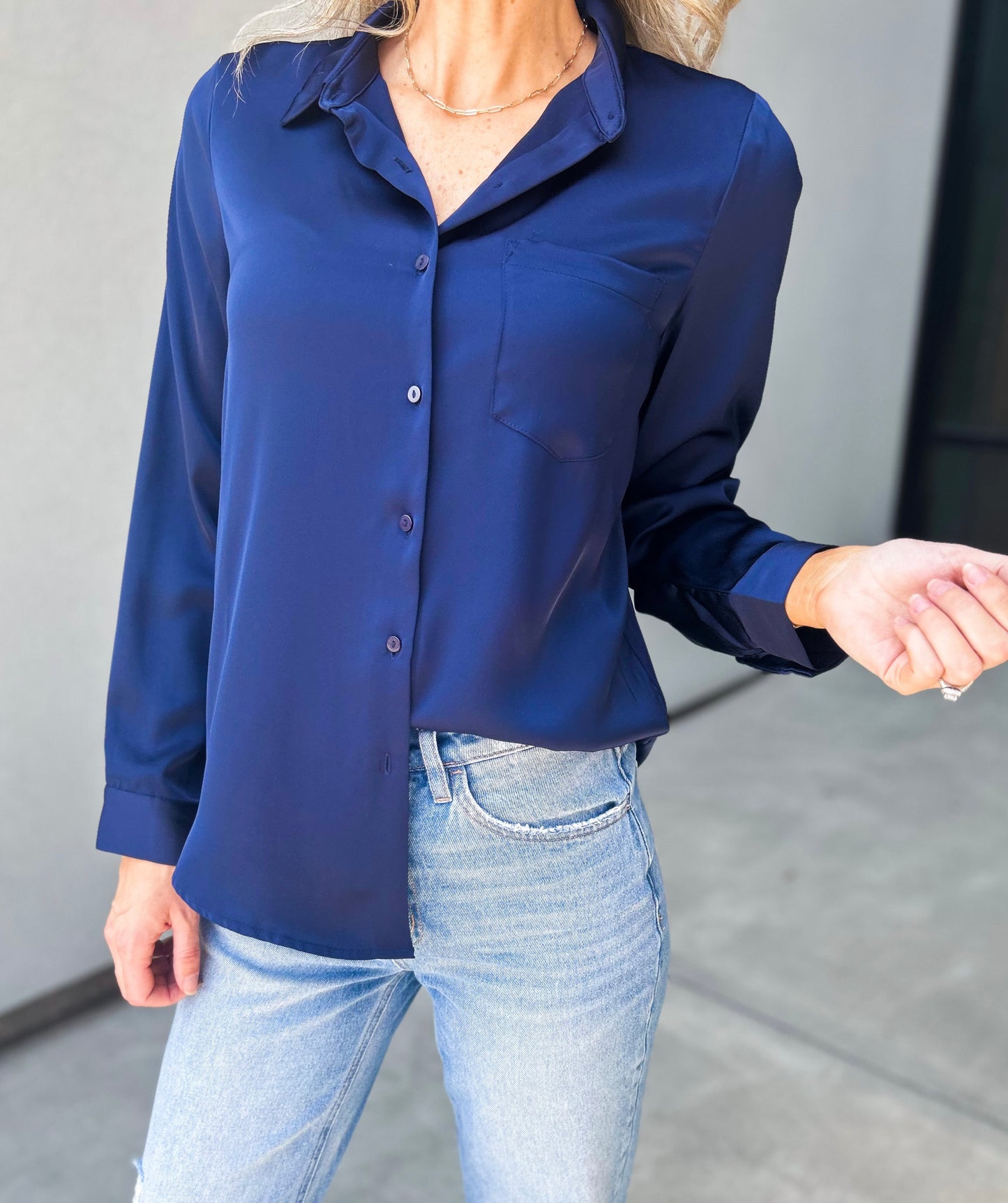 Selena Satin Button Down Top (Navy)