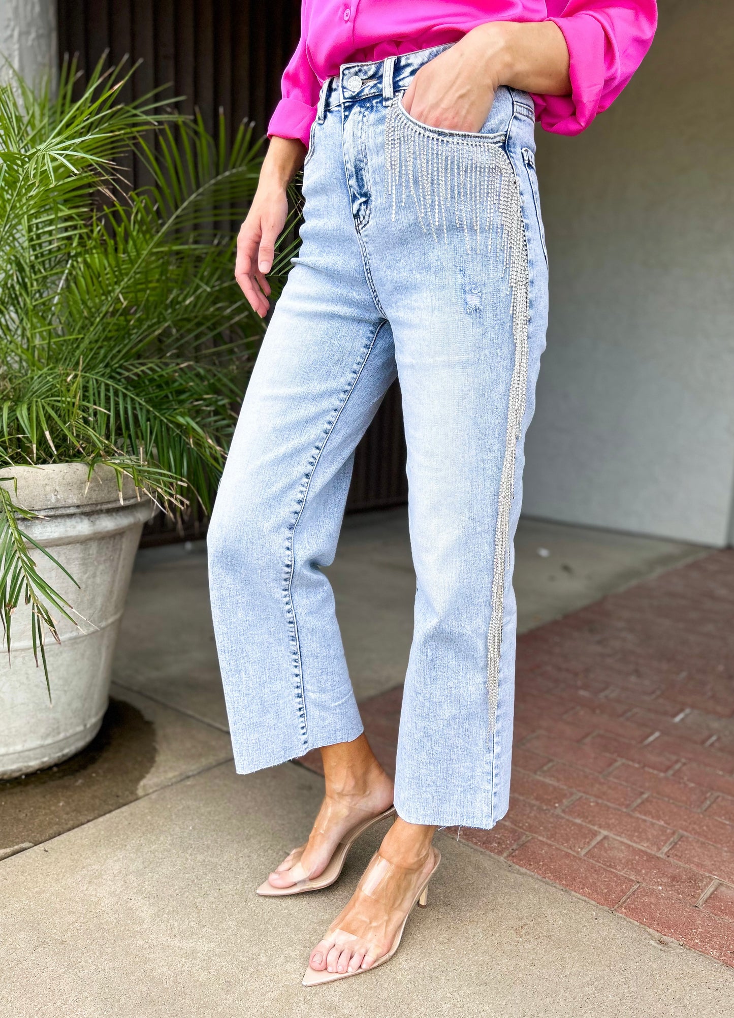 Mazie Cropped Wide Leg Stretch Denim One Sided Rhinestone Fringe