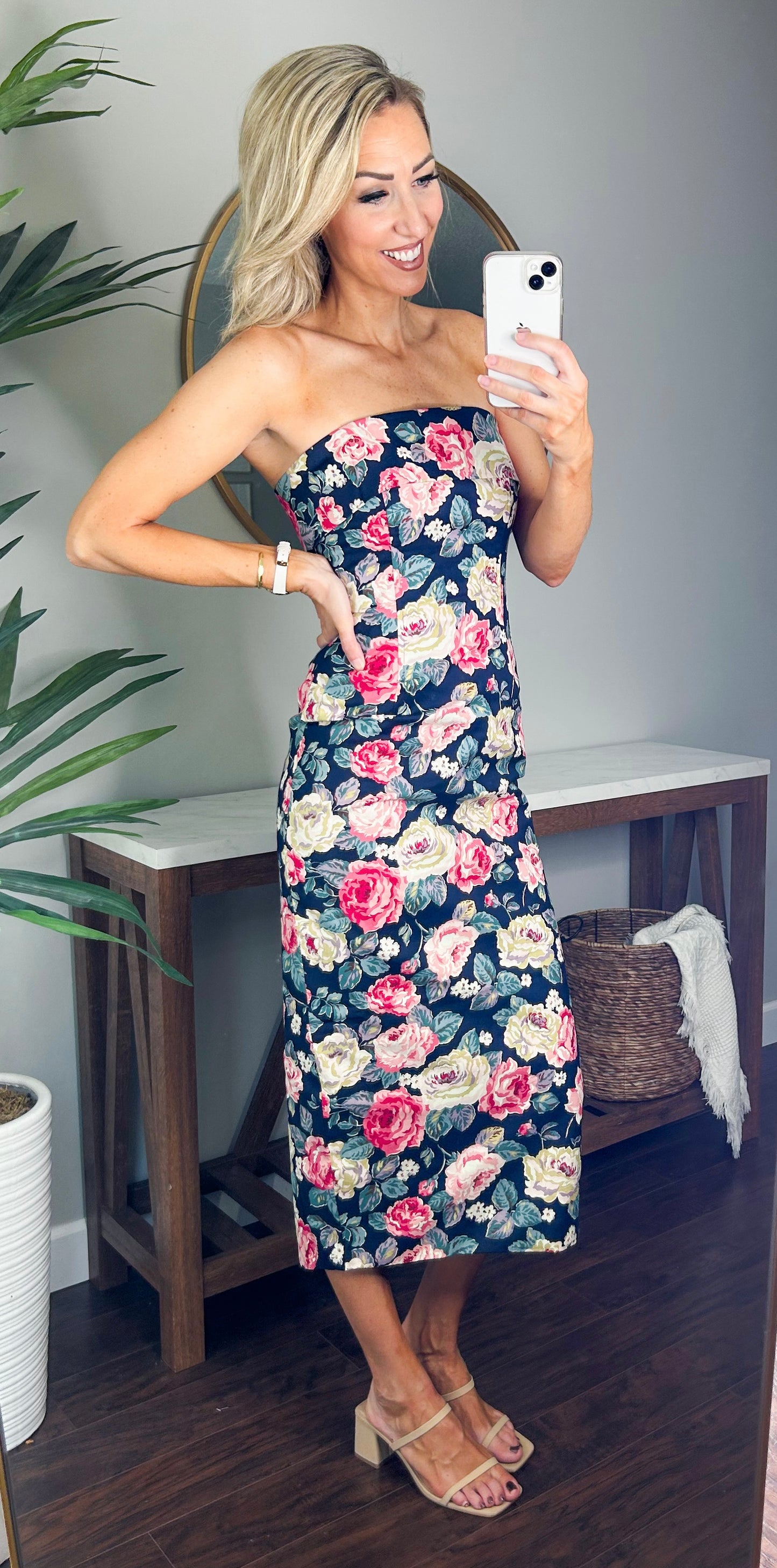 Mable Strapless Floral Midi Dress