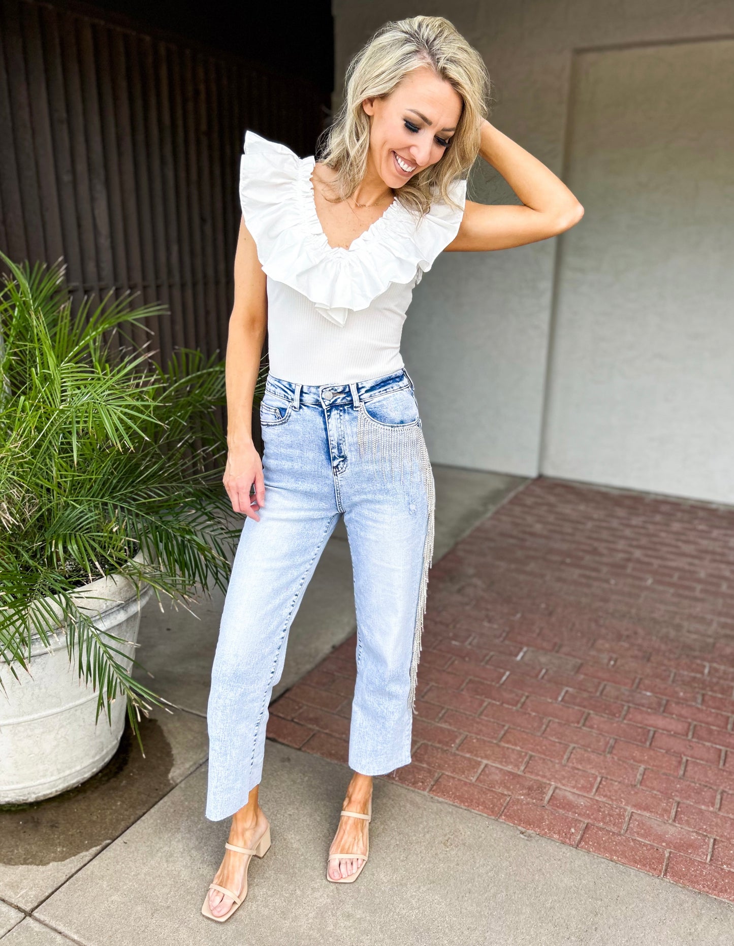 Mazie Cropped Wide Leg Stretch Denim One Sided Rhinestone Fringe