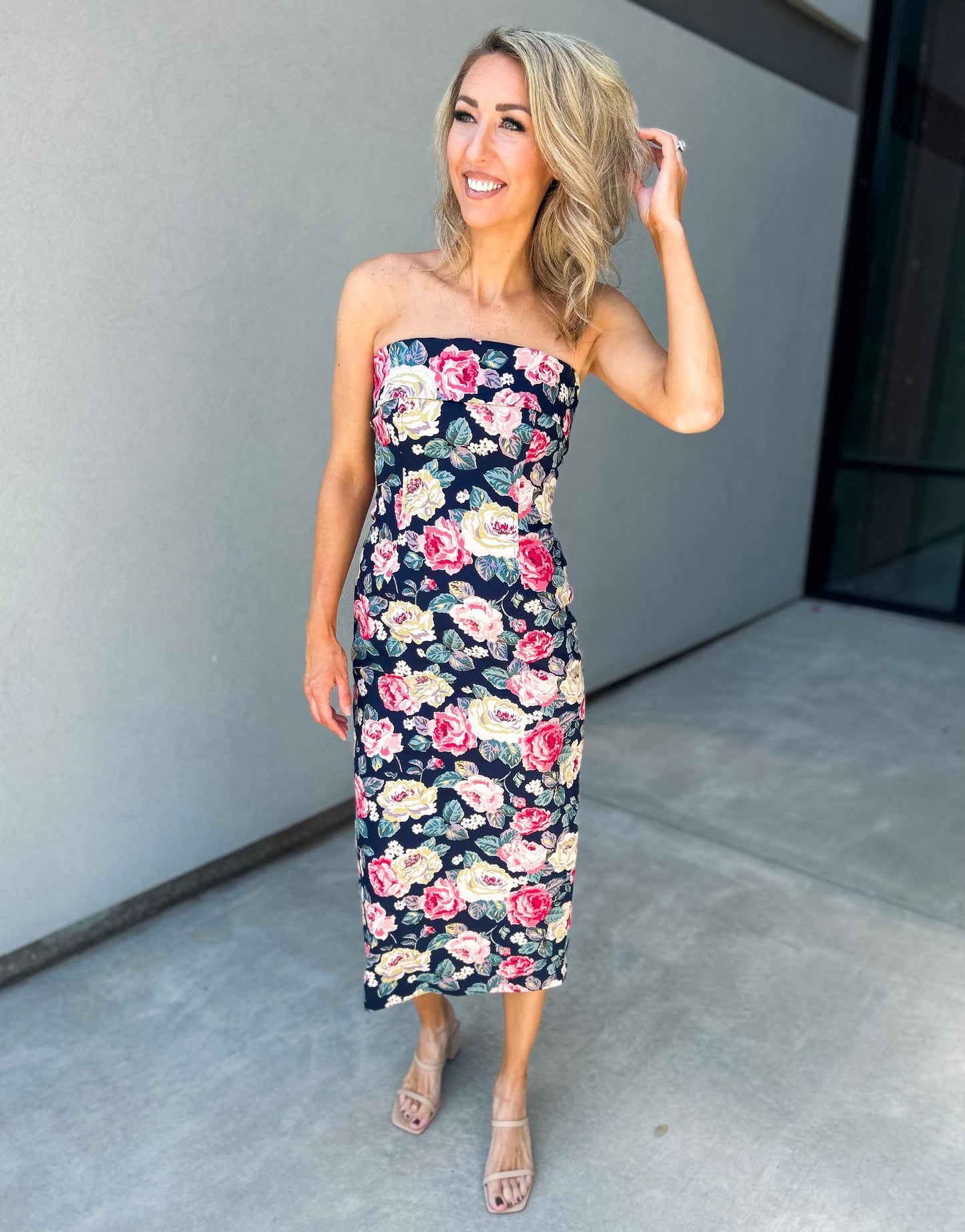 Mable Strapless Floral Midi Dress