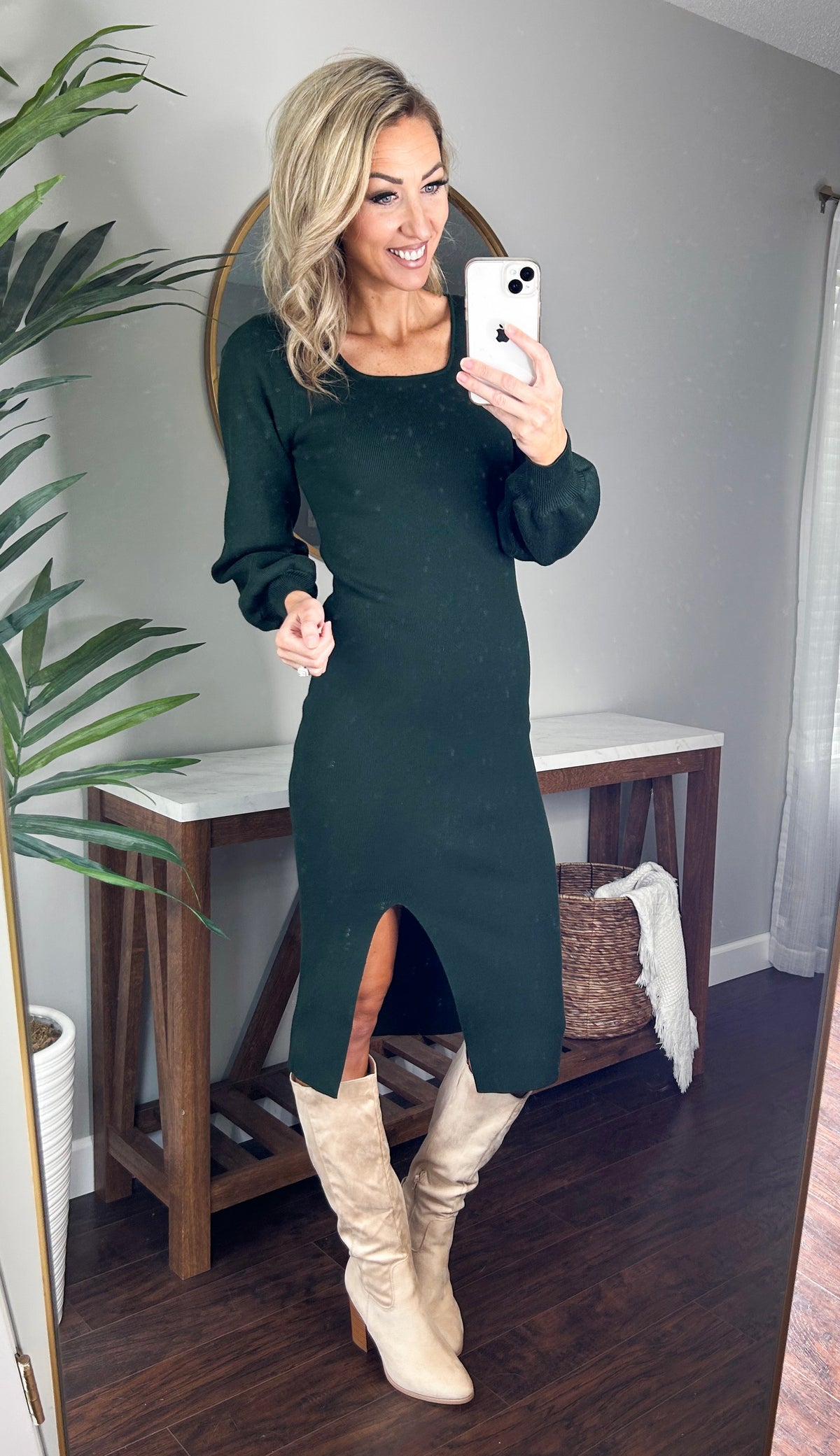 Cambelle Balloon Sleeve Ribbed Sweater Dress